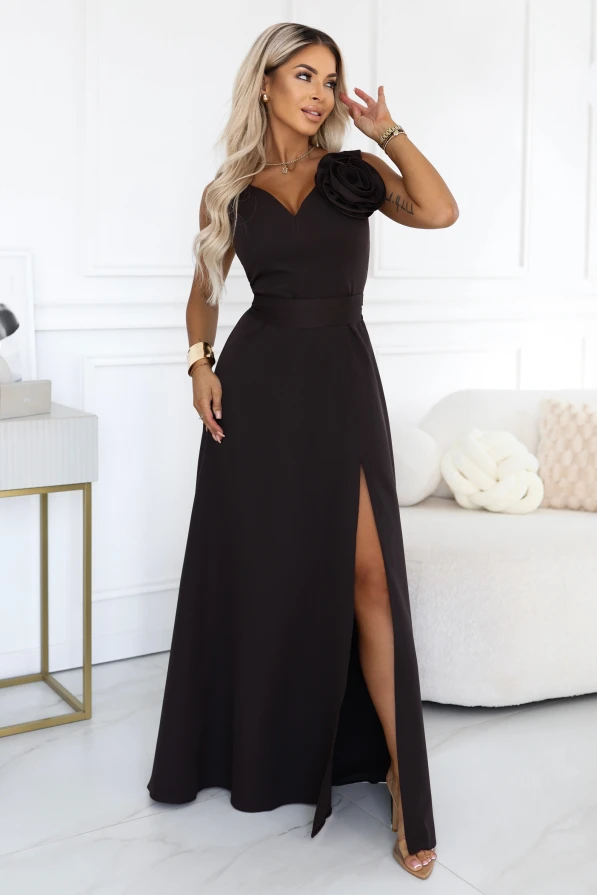 669-5 — romantic chocolate-brown maxi dress