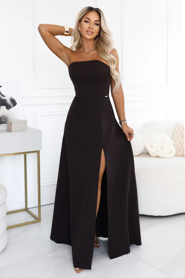 ELARA — chocolate-brown maxi dress with a corset bodice