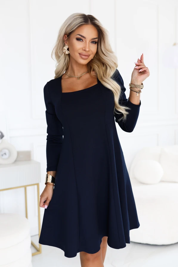 IVANA — navy long-sleeved A-line dress