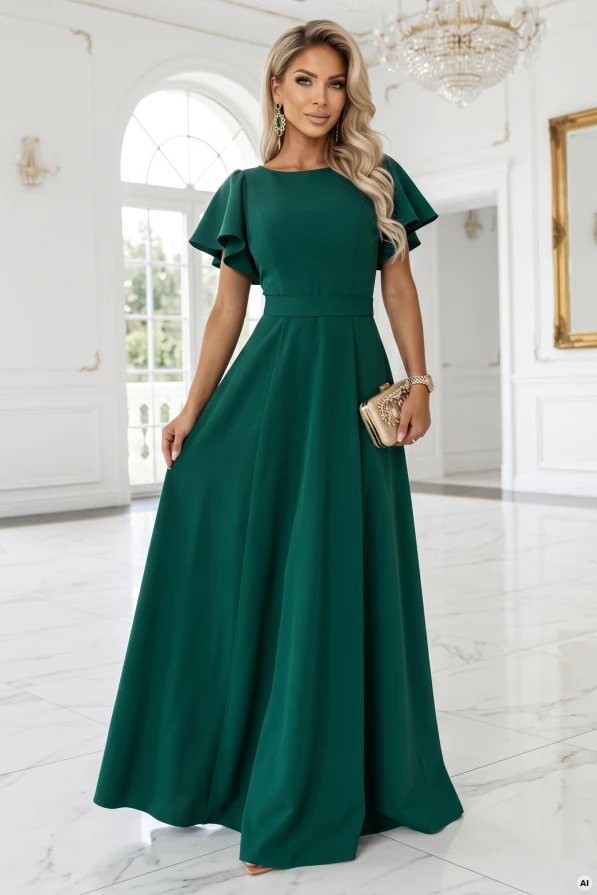 MIRELLA — dark-green flared maxi dress